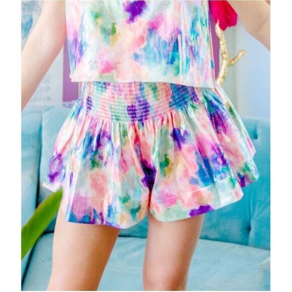 Queen of Sparkles rainbow tie dye smocked party club shorts